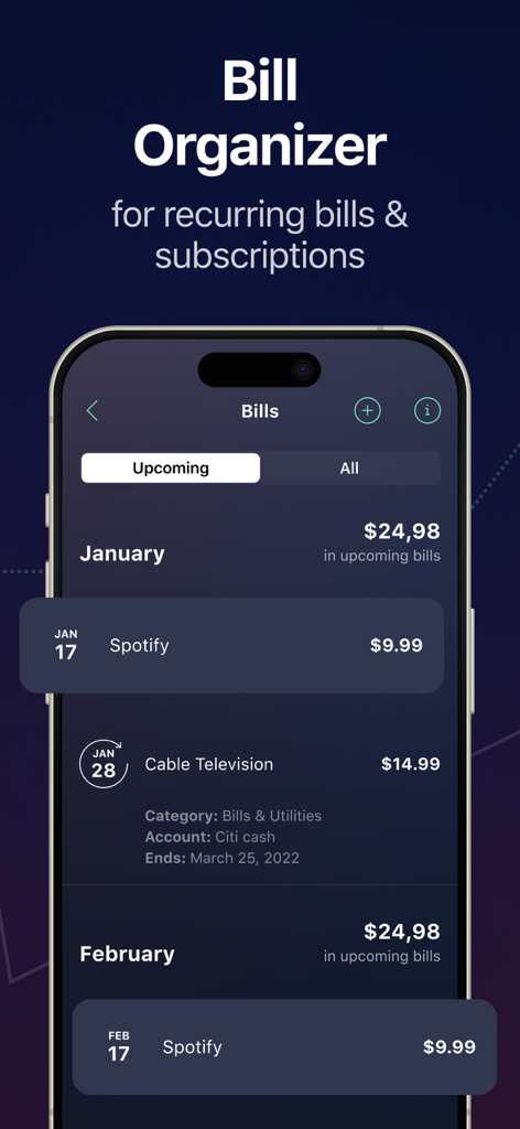 A mobile interface of the PocketGuard app showing a list of upcoming monthly bills and subscriptions like Spotify and Cable Television.