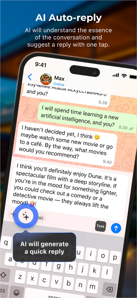 Interfaz de Windi Messenger mostrando la función de respuesta automática de IA sugerida durante una conversación de chat