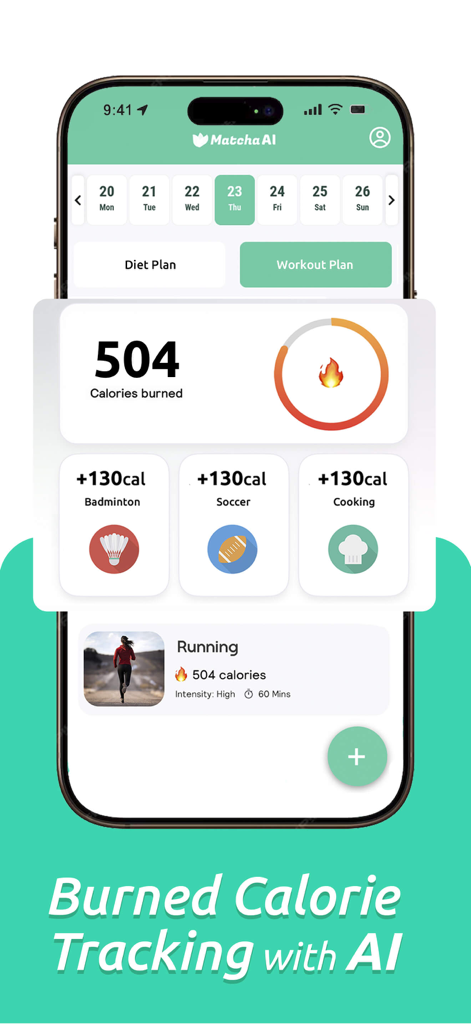 Matcha AI・Food Calorie Scanner - Matcha AIアプリの画面。毎日の消費カロリーと運動活動ログを表示