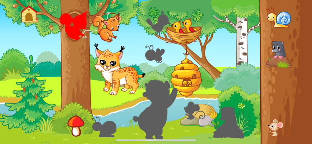Baby animal games for kids - Forest animal puzzle scene for toddlers featuring a lynx squirrel and beehive with matching silhouettes