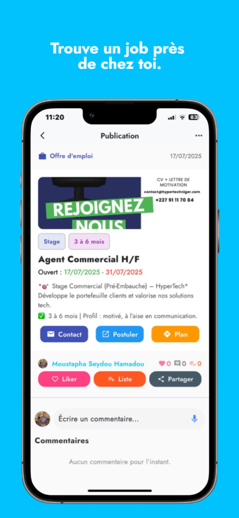 Qwiper - A mobile app screen showing a local job posting for a sales agent with options to apply and view location on a map.