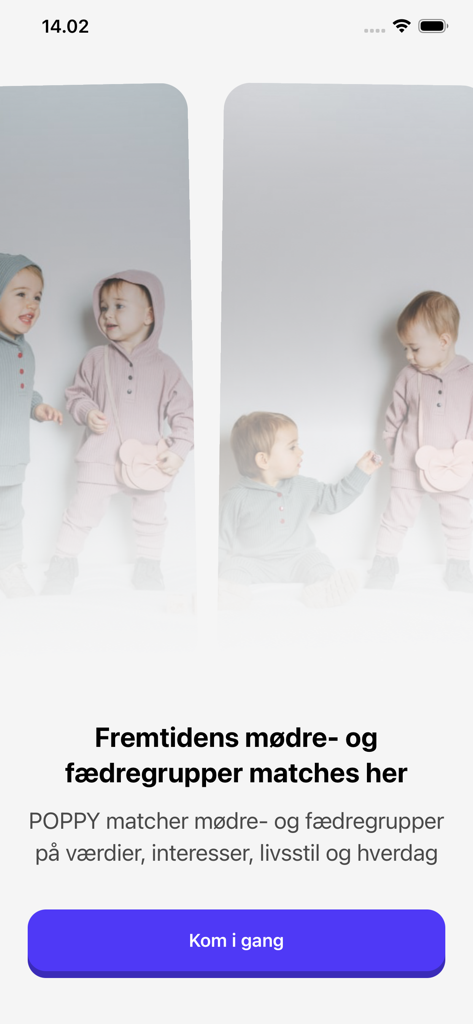 POPPY - Pantalla de bienvenida de la app POPPY mostrando a niños pequeños jugando y texto sobre emparejamiento de grupos de madres y padres.