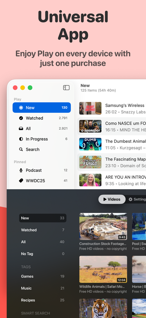 Play: Save Videos Watch Later - Oberfläche der Play App auf Mac- und Apple TV-Plattformen, die die geräteübergreifende Synchronisierung hervorhebt