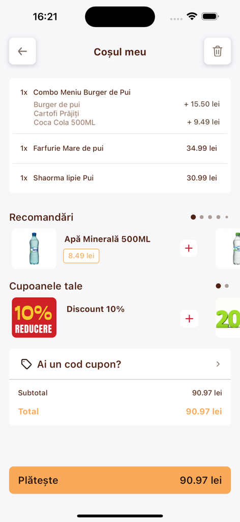 Shopping cart screen in the MADO Romania food delivery app showing menu items and discount coupons