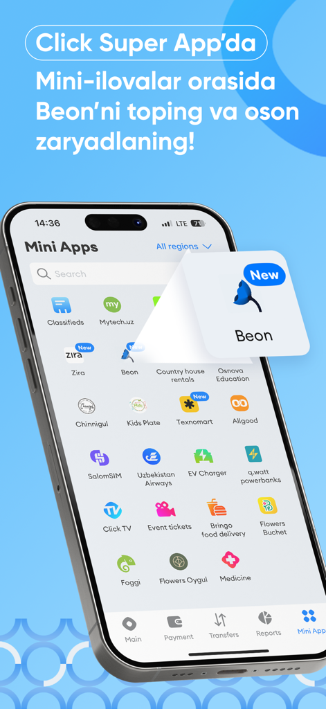 Beon - O mini aplicativo de carregamento de veículos elétricos Beon em destaque na interface do Click Super App.