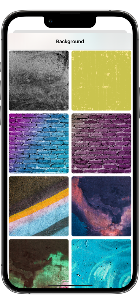 A selection of urban-style backgrounds including brick walls and spray paint textures in the Graffiti Logo Maker app