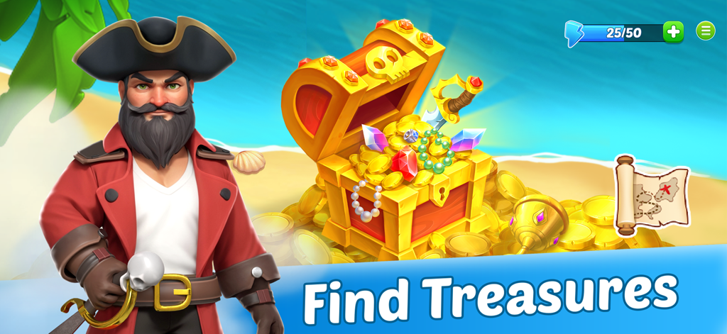 Un personaje pirata junto a un cofre lleno de oro y joyas en una playa tropical.