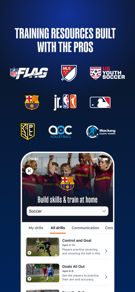 TeamSnap ONE app interface showing youth sports training drills and professional league partnerships from MLS and FC Barcelona