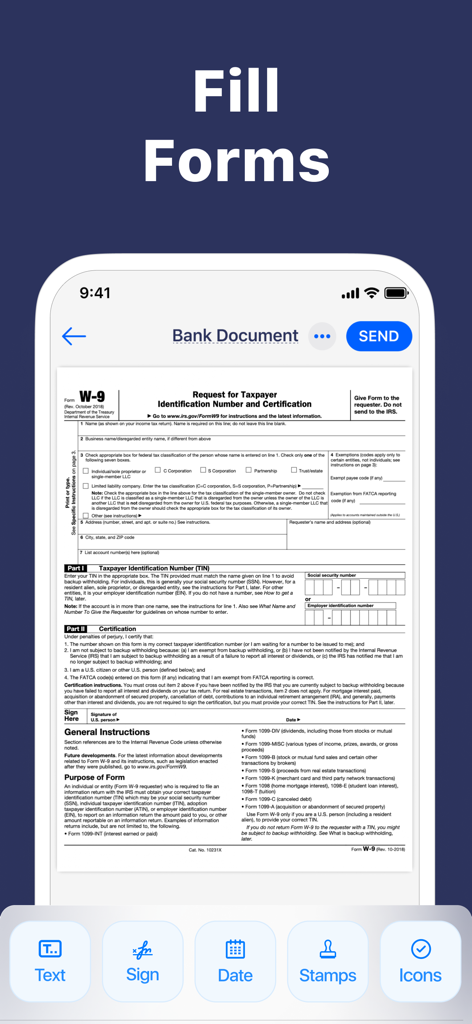 A mobile interface showing an IRS W9 form being filled out digitally on a smartphone.