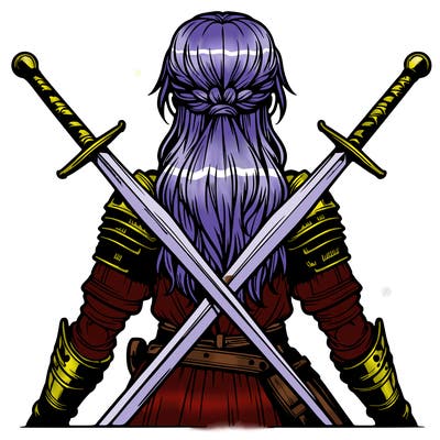 very realistic warrior girl with swords behind her back