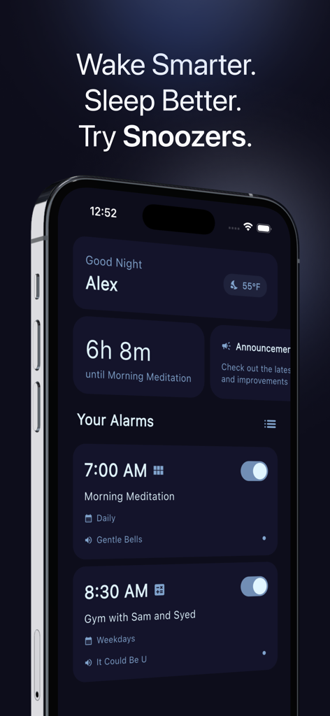 Snoozers: The End of Snoozing - Smartphone showing Snoozers alarm app with a minimalist dashboard and customized wake up schedules