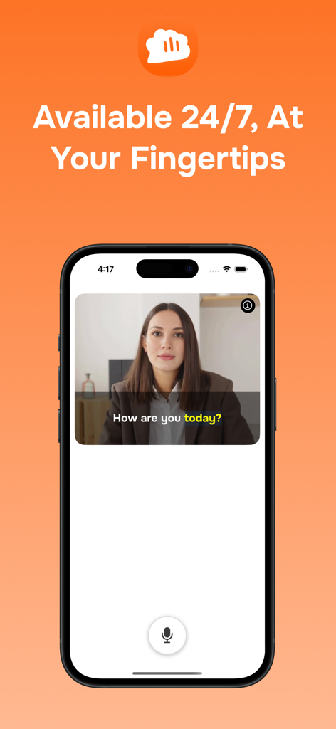 Versa: Personal English Tutor - Versa app interface showing a realistic AI tutor avatar for 24/7 English language practice.