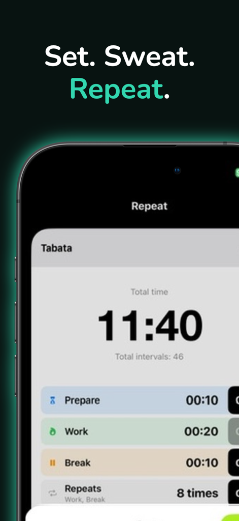 Timer for Workouts - Repeat - Tela do iPhone mostrando as configurações de intervalo Tabata no aplicativo Repeat de temporizador de treino