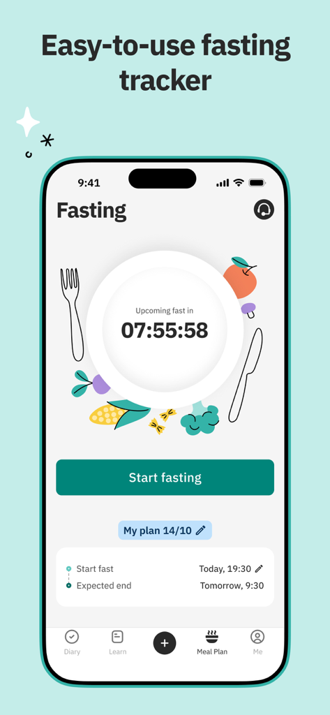 Unimeal: Fasting and Diet - Unimeal app interface showing a countdown timer and start button for an intermittent fasting plan.