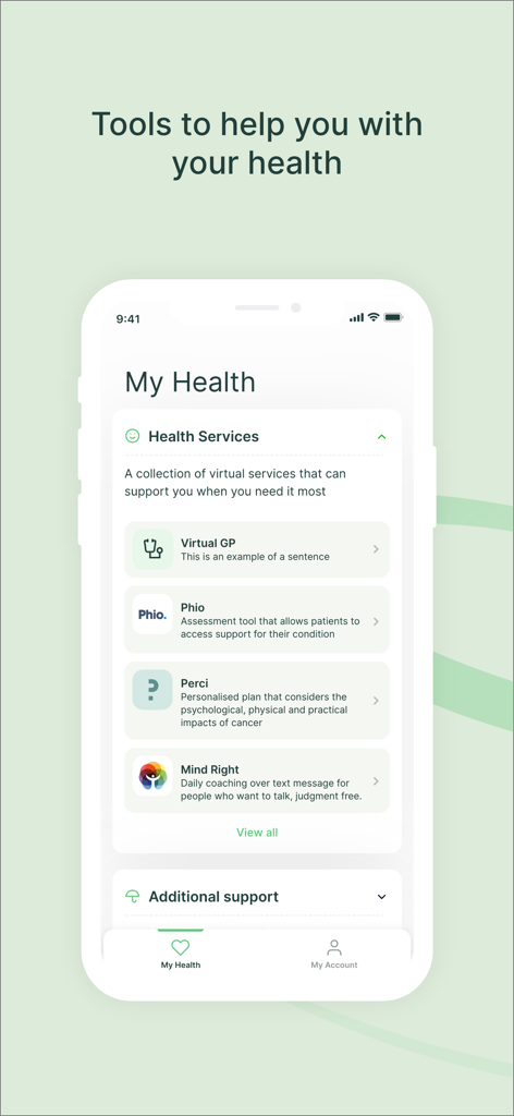 My Healix - My Healixアプリの画面には、バーチャルGPやウェルネスコーチングなどの仮想ヘルスサービスメニューが表示されています。
