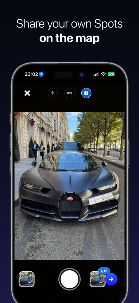 AutoRadar: Carspotting Map - Smartphone showing the AutoRadar app camera interface focused on a matte black Bugatti supercar for sharing a spot