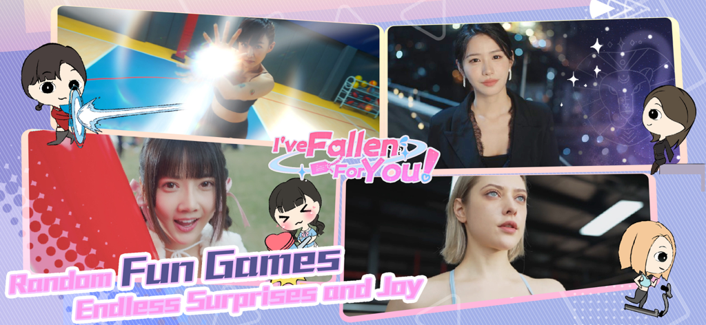 A collage of four different female characters and mini games from the Fallen For You dating simulation app.
