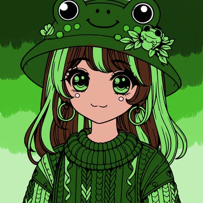 realistic girl wearing frog sweater and a frog hat with frog earrings