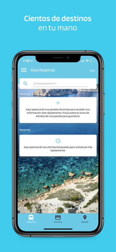 Pantalla principal de la app móvil ALSA Regional mostrando búsqueda de destinos y rutas favoritas