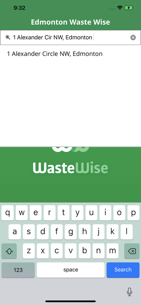 Edmonton Waste Wise App Adresssuchbildschirm mit Tastatur