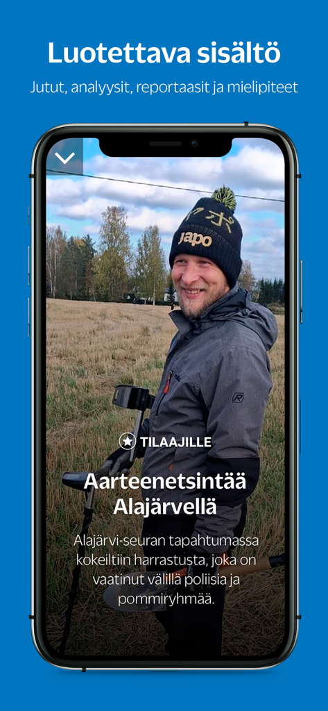 Järviseutu - A smartphone screen showing a local news article about treasure hunting in the Jarviseutu app