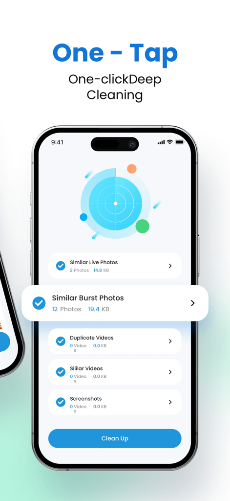 Sweepy Clean app interface showing one tap deep cleaning options for duplicate photos and videos