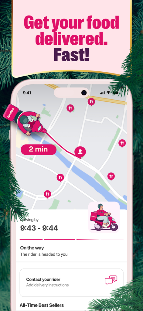 Foodora App-Oberfläche, die die Echtzeit-Lieferverfolgung eines Rollers auf einer Stadtkarte zeigt.