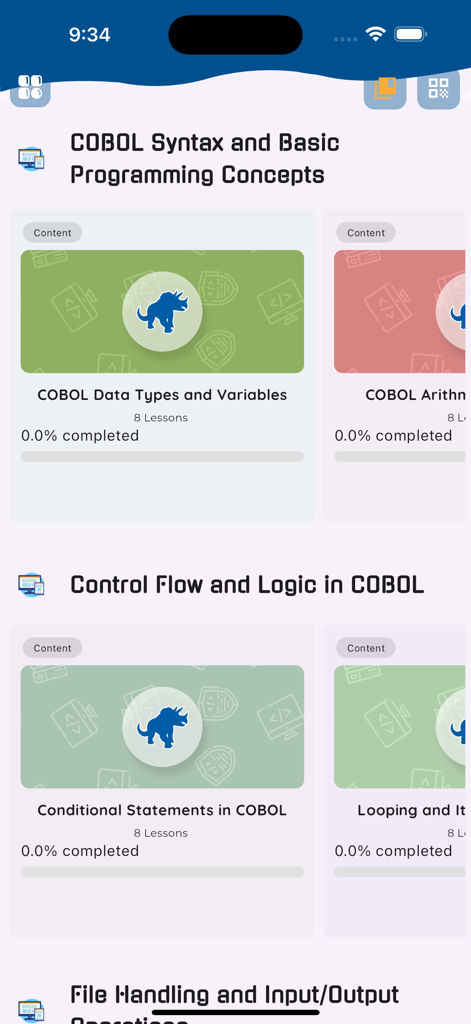 Learn COBOL Programming - La dashboard del corso dell'app Impara la programmazione COBOL che mostra le sezioni per tipi di dati di sintassi e logica di flusso di controllo