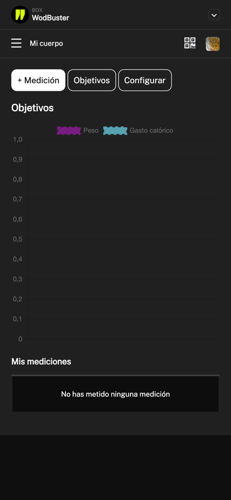 WodBuster - WodBuster app interface showing body measurement tracking and fitness goals for weight and calorie expenditure