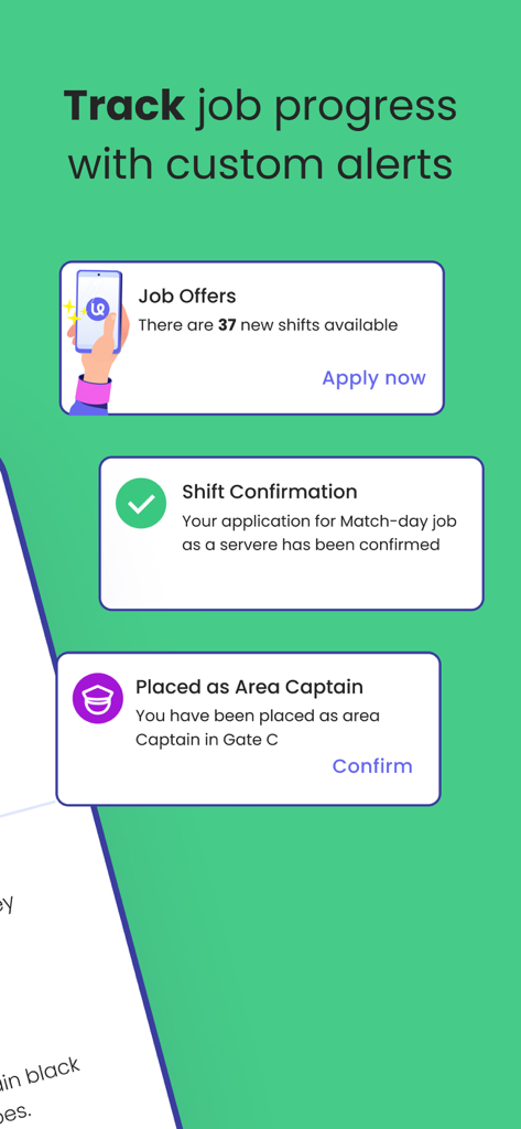 Ubeya - Ubeya app interface displaying custom job alerts shift confirmations and placement notifications.