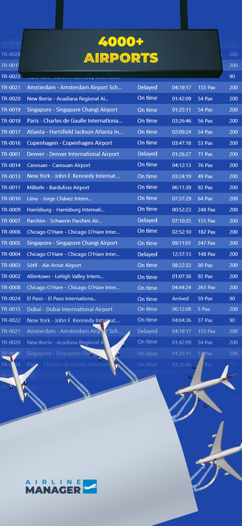 Airline Manager 2026 flight schedule screen featuring over 4000 real world airports