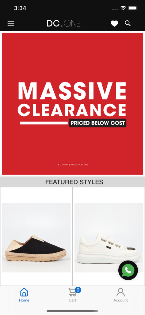 DC.ONE mobile app home screen with a massive clearance banner and featured shoe styles