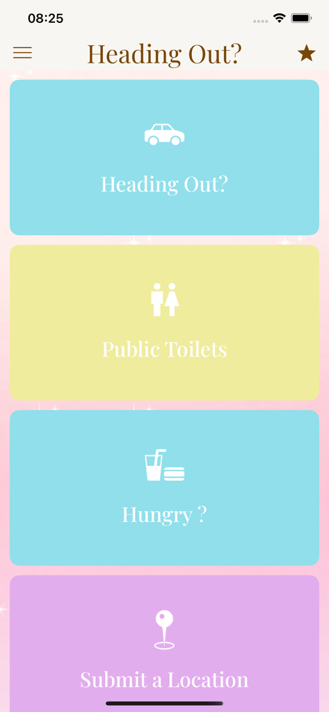That Girl Life - Tela do aplicativo That Girl Life mostrando opções de locais de estilo de vida como banheiros públicos e comida.