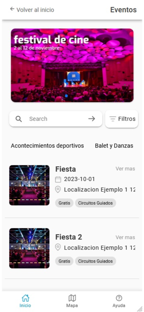 Écran des événements de l'application de guide touristique de Mar del Plata montrant une bannière de festival de cinéma et des activités locales