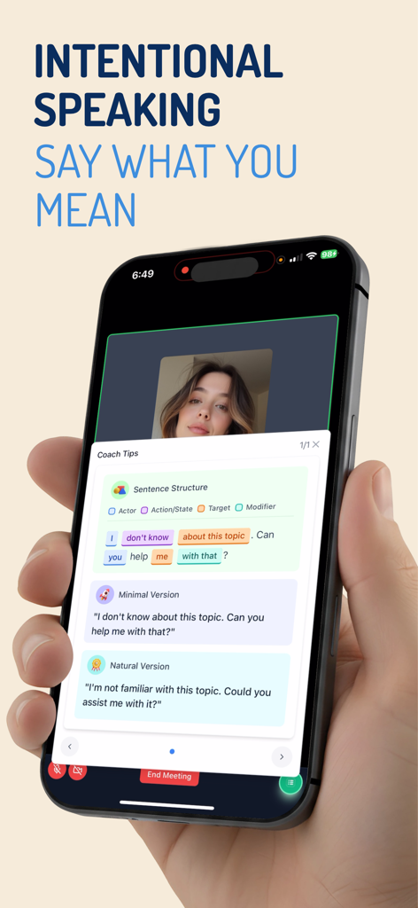 Lexioo app interface displaying AI coach tips for intentional speaking and natural sentence phrasing