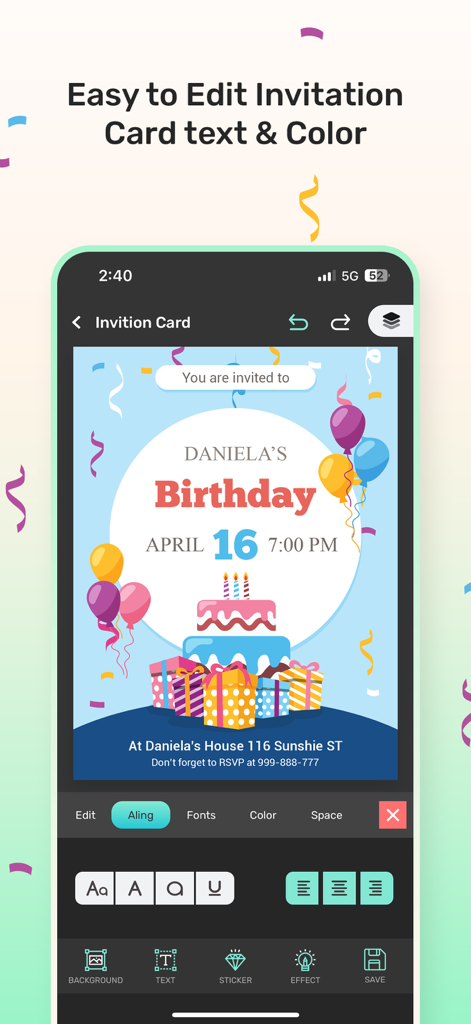 Invitation Maker : Card Maker - A mobile phone displaying the Invitation Maker app interface while editing a colorful birthday invitation card with balloons and a cake