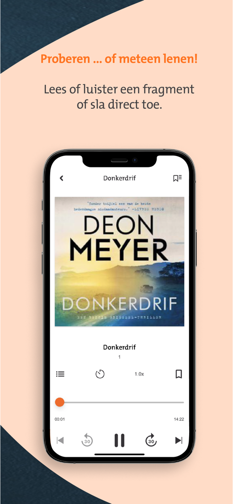 online Bibliotheek - Interfaz de la aplicación online Bibliotheek que muestra un reproductor de audiolibros con la portada de un libro en neerlandés y controles de reproducción.