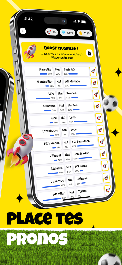 Goal'in - Interfaz de la aplicación Goal in que muestra listas de predicciones de partidos de fútbol y funciones de impulso