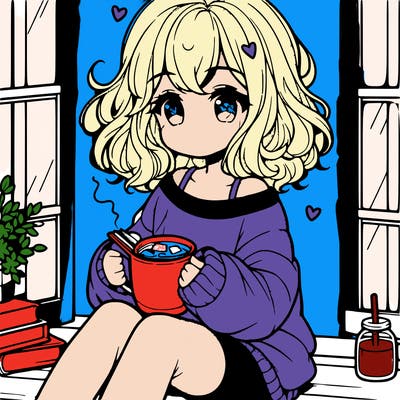 cute anime girl reading book and drinking hot chocolate from mug with loose wavy hair wearing a baggy sweatshirt and shorts sitting by windowsill looking out