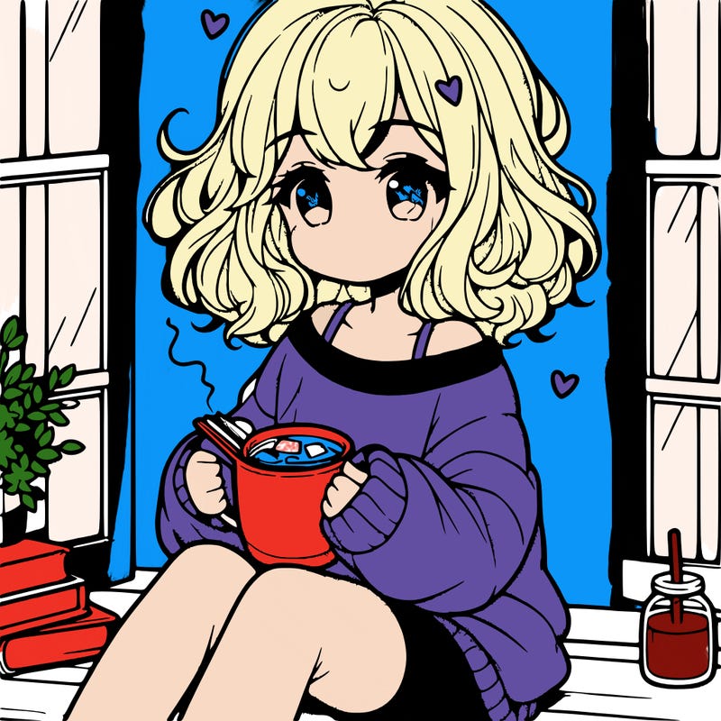 cute anime girl reading book and drinking hot chocolate from mug with loose wavy hair wearing a baggy sweatshirt and shorts sitting by windowsill looking out