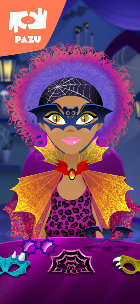 A character with curly purple hair and a bat mask in the Girls Hair Salon Monsters game