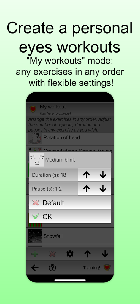 Eyes + Vision: training & care - Una interfaz móvil para crear rutinas oculares personales con configuraciones ajustables de duración y pausas