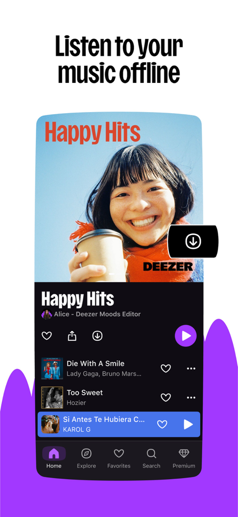 Deezer app interface showing the Happy Hits playlist and the offline music listening feature.
