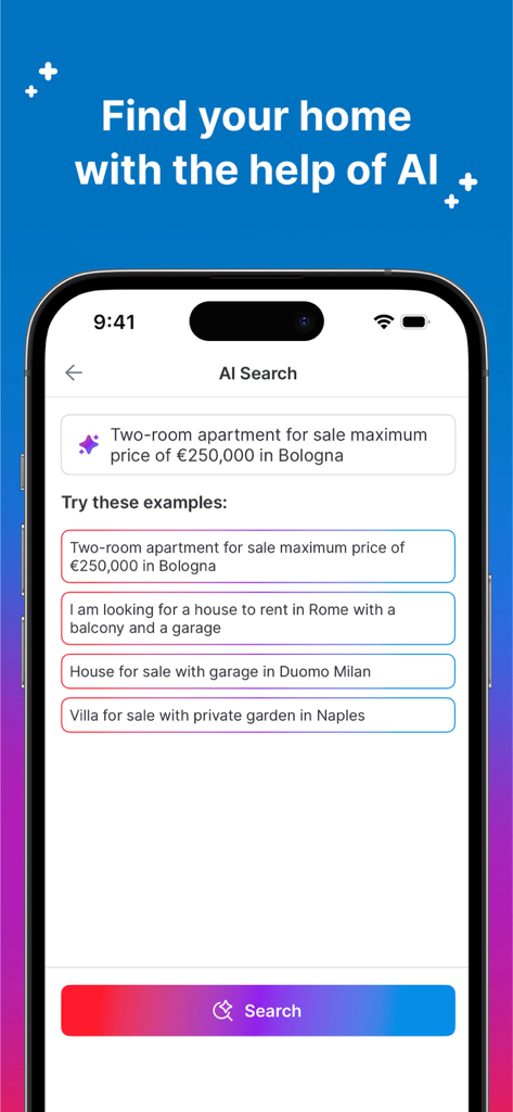 Pantalla de la app móvil mostrando la función de búsqueda por IA para anuncios inmobiliarios en Italia y España