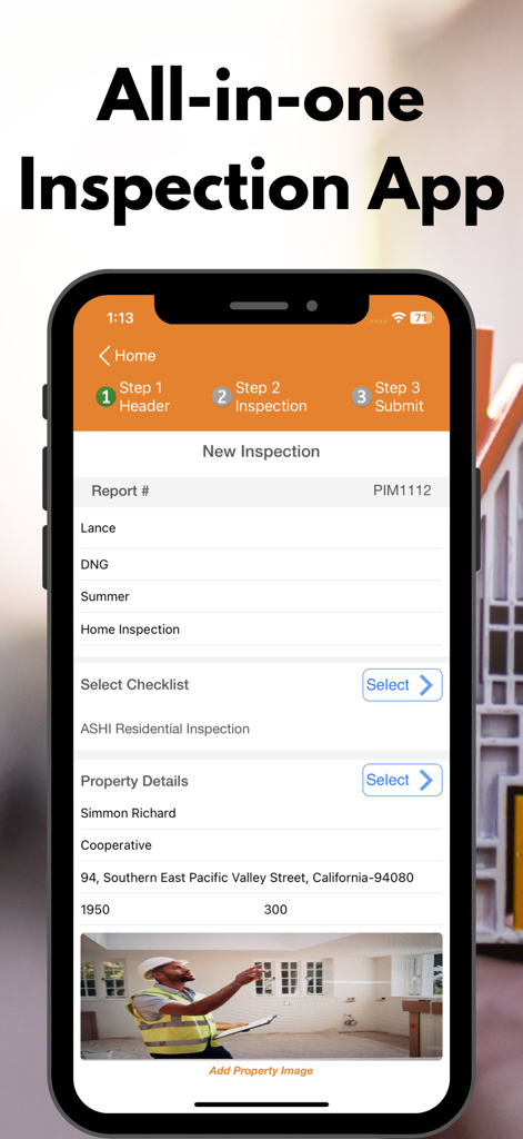 Mobile interface of the HomeInspecto app showing the steps to create a new property inspection report