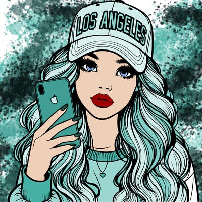 realistic beautiful girl wearing los ángeles cap holding an iphone