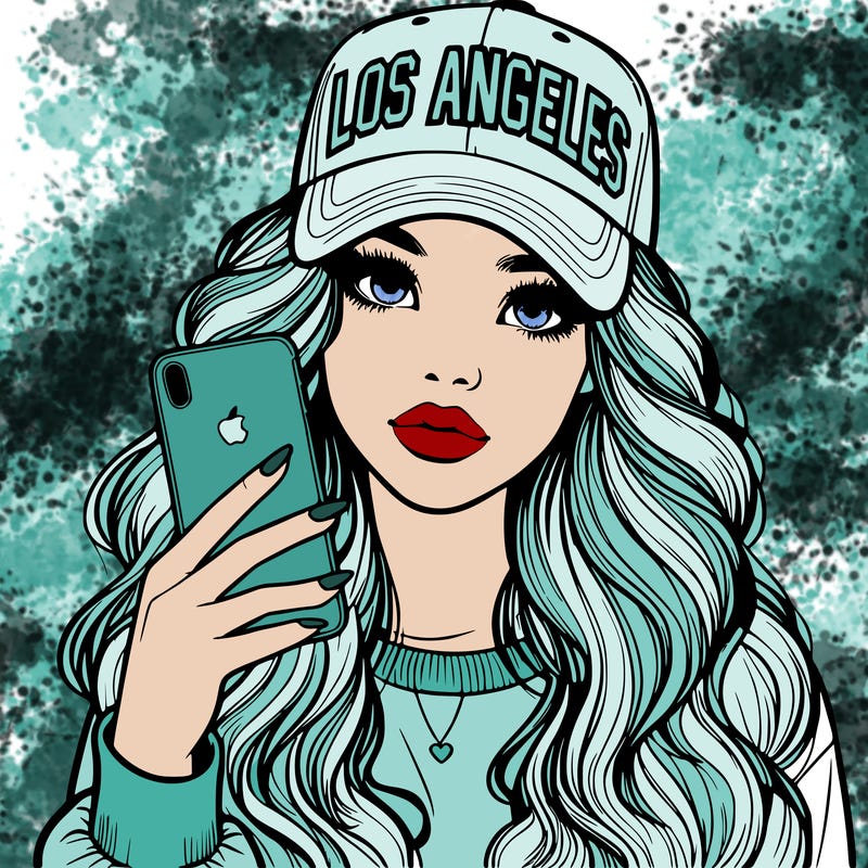 realistic beautiful girl wearing los ángeles cap holding an iphone