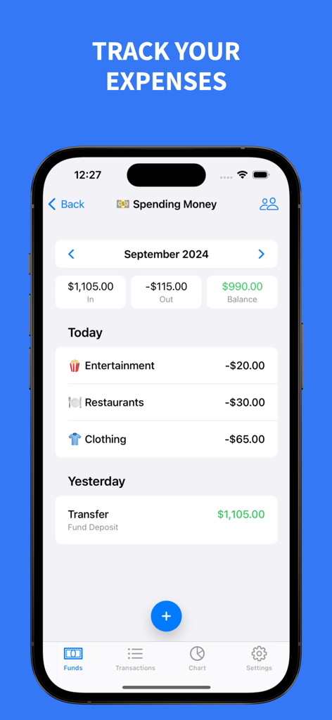 Mobile interface of Petty Cash app displaying monthly balance and categorized daily spending list