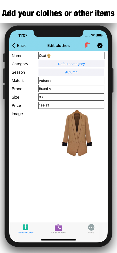 My Clothes And Wardrobe- Dress - Interface móvel mostrando detalhes de um blazer marrom, incluindo marca, tamanho e preço em um aplicativo de gerenciamento de guarda-roupa