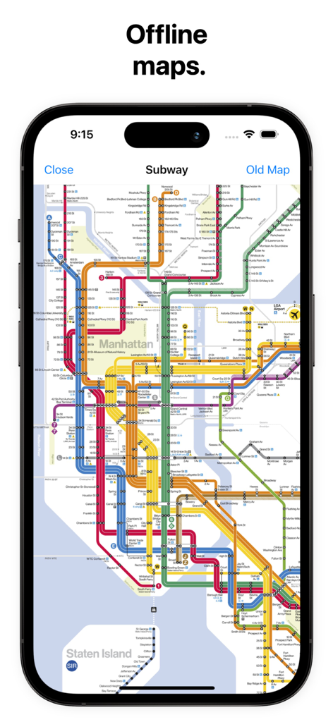 Subway Time NYC - Offline New York City subway map shown on an iPhone screen.